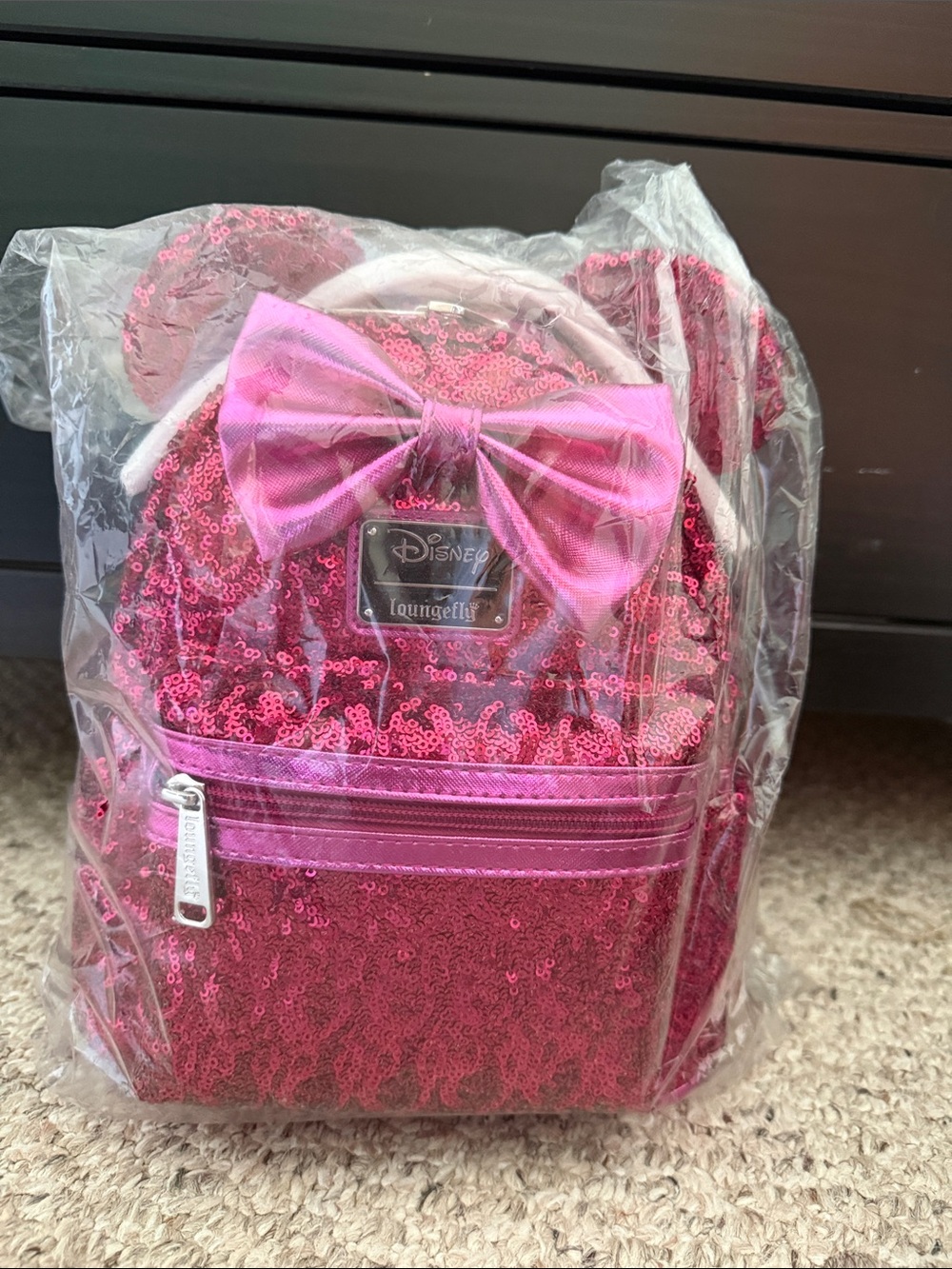 Loungefly Hot Pink Sequin Minnie Ear Mini Backpack with Bow